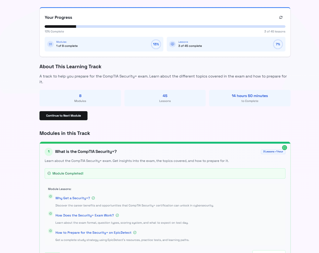 Security+ Course Interface - Interactive lessons with progress tracking
